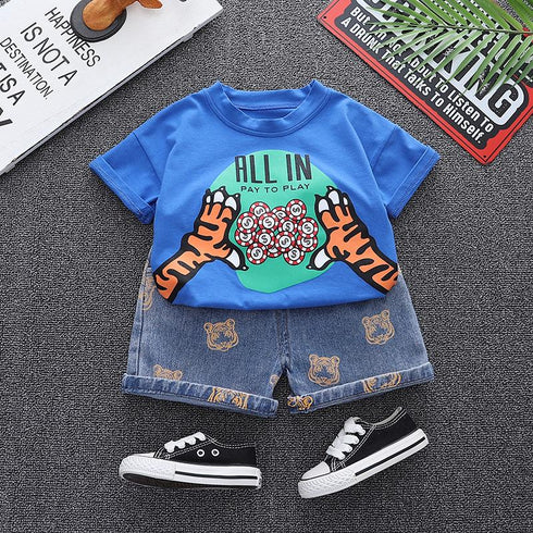 Round neck coin short sleeve suit boys' casual denim shorts two piece set
